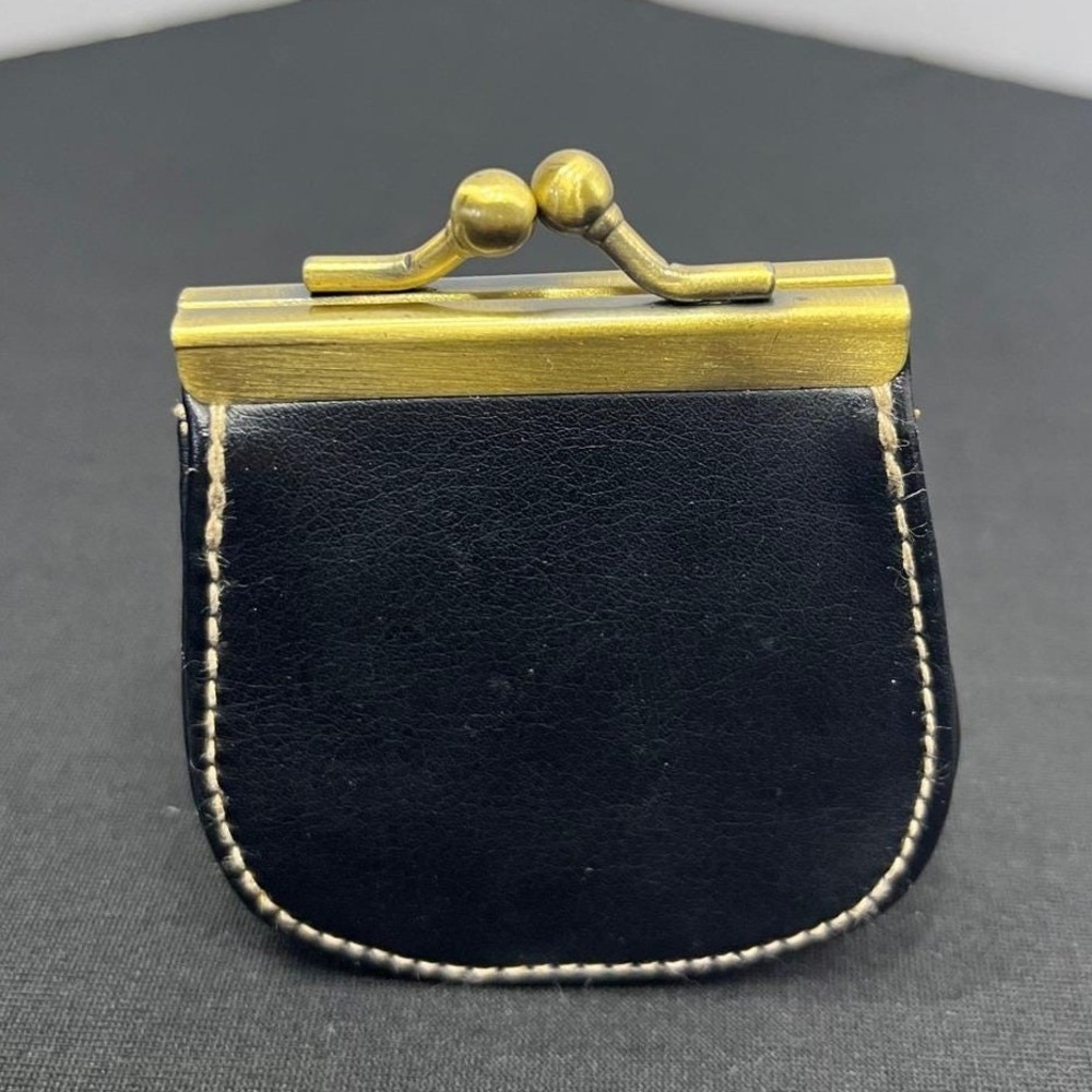Vintage Style Black Leather Mini Coin Purse Brass Kiss Lock Clasp Small Pouch